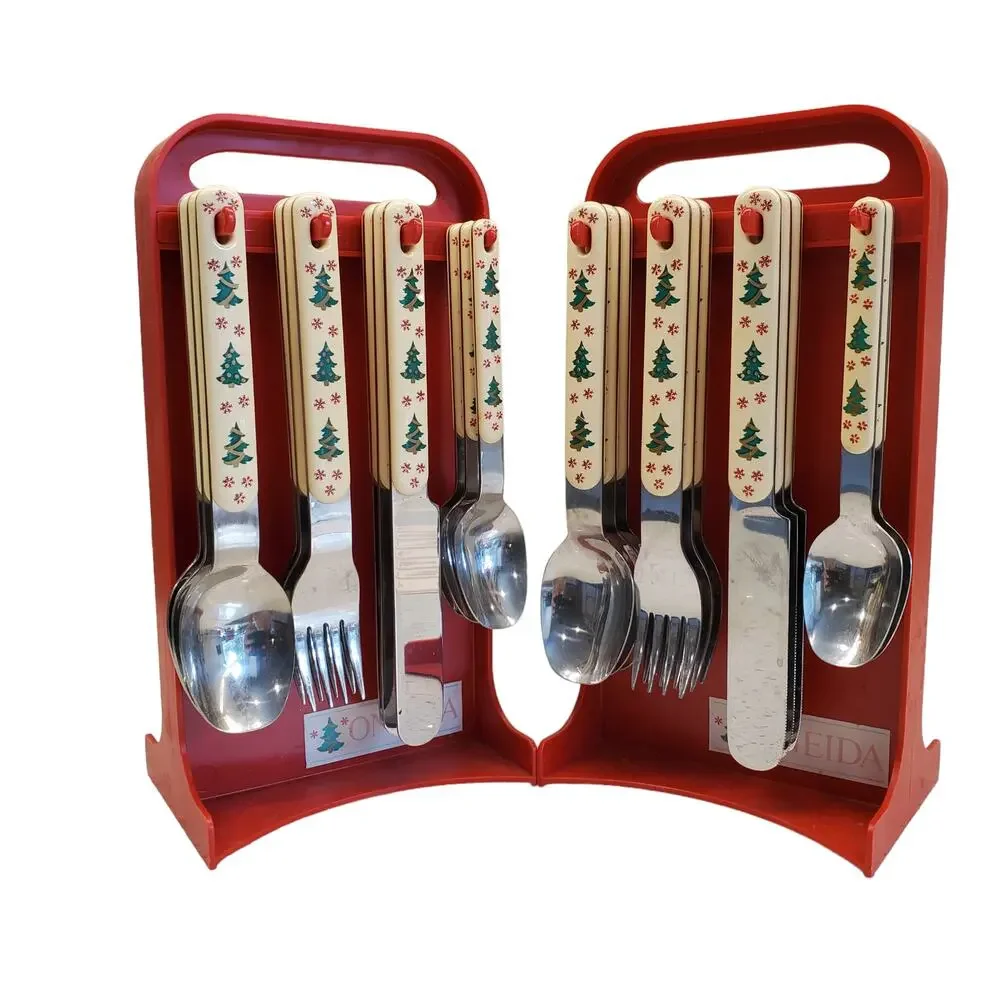 Oneida Holiday Colormates 46 Piece Set Plus Portable Caddy Christmas Flatware